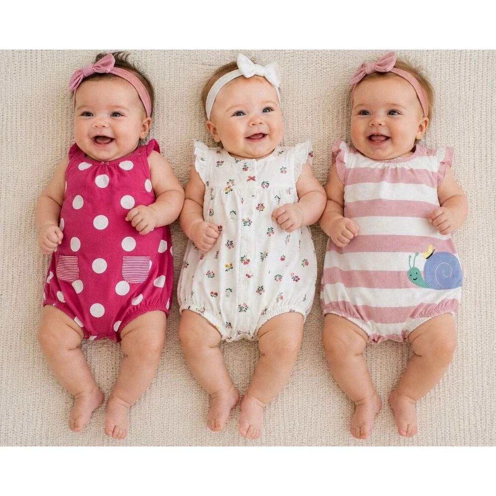 Set Lot of 3 Baby Girl Bubble Romper Outfit Summer Cotton 6m Snail Crab Flowers